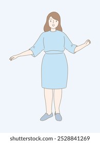 Mujer segura de sí misma con un bonito cuerpo de talla grande, figura con curvas, con un atuendo casual de oficina . Dibujado a mano Ilustración vectorial de personaje de dibujos animados.