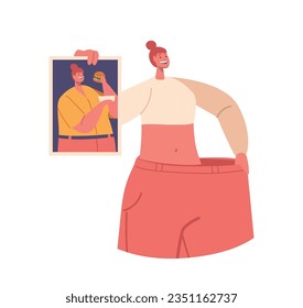 Confident Woman Proudly Wearing Oversized Pants. Fit Female Character Displaying A Picture Of Her Former Self