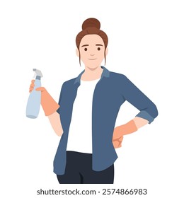 Confident Woman Ready for Cleaning with Spray Bottle and Gloves. Flat vector illustration isolated on white background