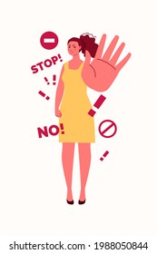 A confident woman says no firmly. Hand gesture "Stop". The concept of personal boundaries and the right of women to be protected from violence. Vector flat cartoon illustration.