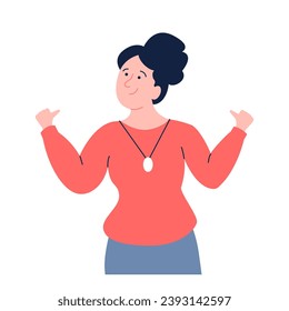 La mujer confiada se señaló con los dedos. Feliz chica de negocios, líder de equipo o gerente. Exitosa dama, auto amor reciente personaje vector