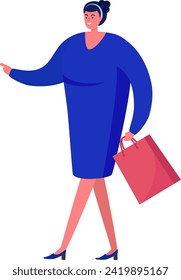 Confident woman shopping, wearing blue dress and high heels, carrying a red bag. Stylish female shopper, fashion and retail concept vector illustration.