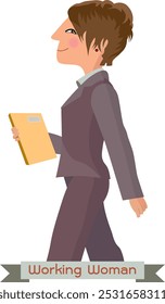 A confident woman with short hair in a sleek suit walks briskly, holding a file. She has a slight smile, and her eyes radiate focus, exuding determination and energy.