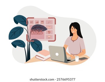 A confident woman sits at a desk with a laptop, managing professional tasks. Background features include a risk management graphic overlay and indoor plants. Flat vector modern illustration 