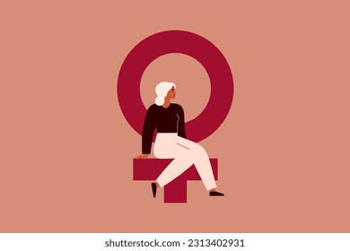 Confident woman sits on a big pink female symbol. Caucasian beautiful girl supports female community. Women's day greeting poster. Vector illustration