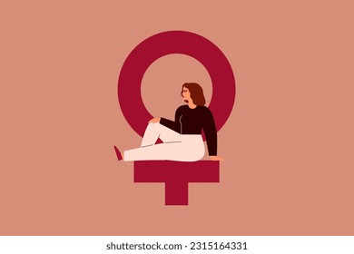 Confident woman sits on a big pink female symbol. Caucasian beautiful girl supports female community. Women's day greeting poster. Vector illustration