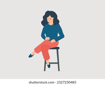 Confident woman sitting on a long chair and wait for her order. Cheerful female sits on the bar stool with crossed legs position. Charisma concept. Vector illustration