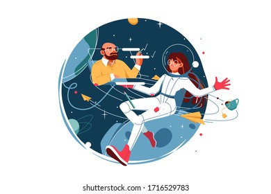 Confident woman in spacesuit work from space using laptop. Isolated concept female cosmonaut character making call using modern technology talking with adult man. Vector illustration.