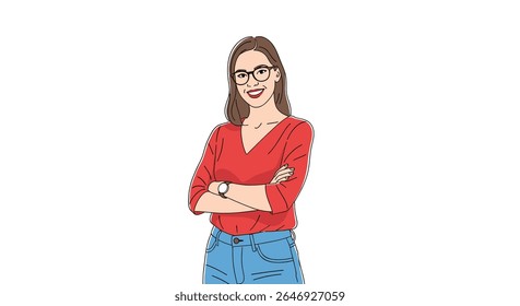 Mulher confiante de pé com braços cruzados usando óculos e uma camisa vermelha jeans jeans casual