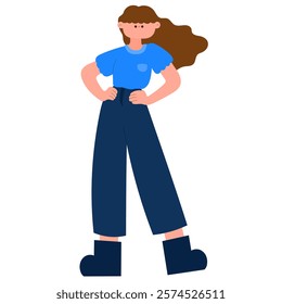 confident woman standing with hands on hips flat vector illustration