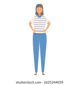 Confident woman is standing with her hands on her hips and smiling