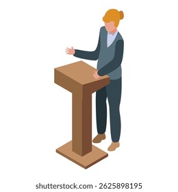 Confident woman is standing at a wooden podium, engaging the audience with her words