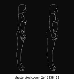 Uma mulher confiante está diante de um fundo preto, sua postura determinada enquanto mostra sua jornada de perda de peso com um desenho em linha dela antes e depois do corpo.