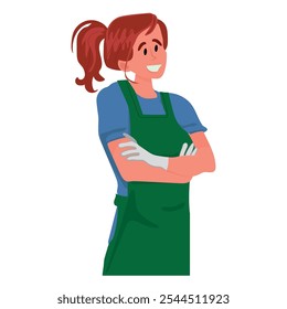 Confident Woman Stands With Crossed Arms, Donning An Apron And Garden Gloves, Ready For A Day Of Gardening. Gardener or Farmer Female Character Ready for Work. Cartoon People Vector Illustration.