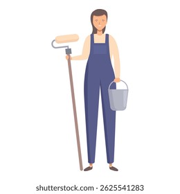 Confident woman stands ready to paint, equipped with a paint roller and bucket