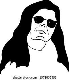 Confident woman in sun glasses - stylized black and white hand drawn portrait