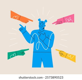 Confident woman surrounded by hands with index fingers pointing at her. Colorful vector illustration