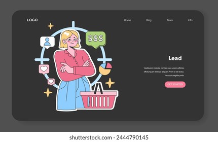 Confident woman surrounded by lead generation icons, visualizing the process from attraction to conversion. Flat vector illustration