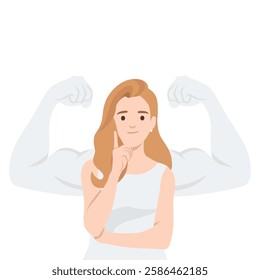 Confident woman with a thoughtful expression, symbolizing inner strength with flexed muscular arms in the background.