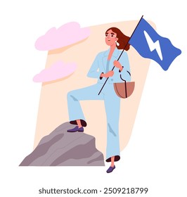 Confident woman at top. Businesswoman with flag stands at mountain, peek or cliff. Business motivation and success. Poster or banner. Flat vector illustration isolated on white background