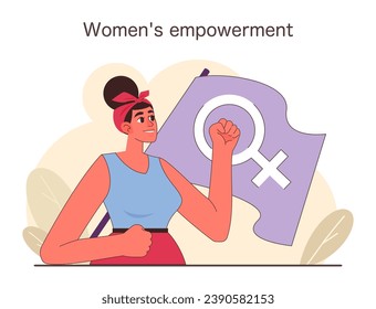 Confident woman with topknot showcasing female symbol, signifying strength and independence. Feminism and pride. Flat vector illustration.
