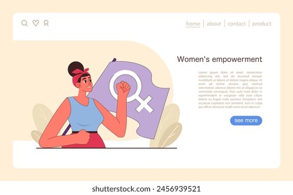 Confident woman with topknot showcasing female symbol, signifying strength and independence web or landing. Feminism and pride. Flat vector illustration.