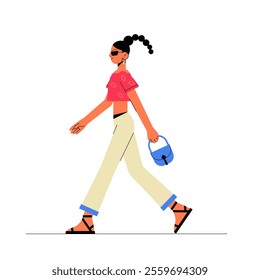 Confident Woman Walking With Blue Handbag In Flat Vector Illustration Symbolizing Fashion, Style, And Confidence, Isolated On White Background