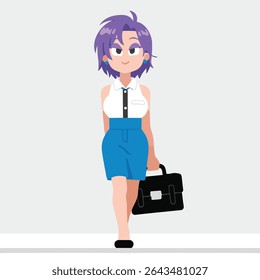 Confident woman walking with briefcase in simple cartoon style.