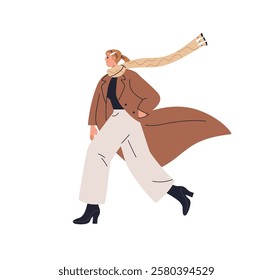 Confident woman walking in coat and scarf in wind. Stylish modern elegant female character in windy weather. Urban style fashion girl going. Flat vector illustration isolated on white background