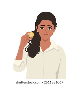 Confident woman in a white shirt holding a Bitcoin coin, symbolizing cryptocurrency investment. Flat Vector character illustration