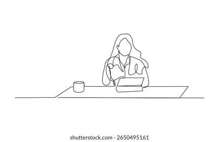 Confident Woman Working at Table with Laptop in Continuous Line Art. Minimalist Professional Illustration in black linear sketch, isolated on white background