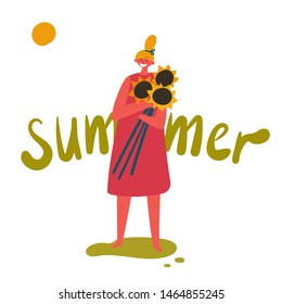Confident women with light hair and red dress smiling enjoying summertime in vector with text quote summer. A young woman stands on the grass and holds big yellow sunflowers. Hot days.