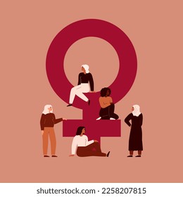 Confident women stand side by side near big female pink symbol. Multicultural group of girls which support and care each other. Womens day greeting poster. Vector illustration