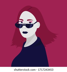 Confident women wear sunglasses. Beautiful female avatar. Pink hair girl portrait.