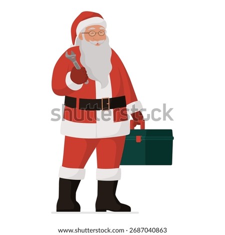 Confident worker Santa Claus holding a tool and a toolbox, professional service and holidays concept