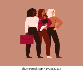 Confident Working Mothers stand together. Strong businesswomen with babies support each other. Maternity and career concept. Equality and diversity in the workplace. Vector illustration