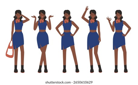 Mulher afro jovem confiante em saia azul e top mostrando várias poses expressivas, perfeito para estilo de vida, diversidade e conceitos de moda isolados na ilustração vetor fundo branco