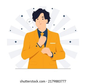 Confident young businessman adjusting his necktie getting dressed and fixing his tie early in the morning concept illustration