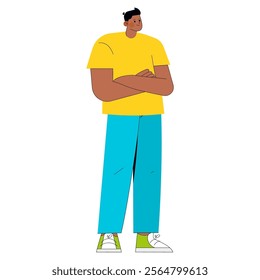 Confident young businessman in casual attire stands with arms crossed. Entrepreneurial spirit and professional youth. Vector illustration.