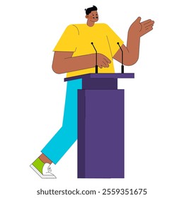 Confident young businessman delivering a speech at a podium. Professional male speaker engaging the audience. Vector illustration.