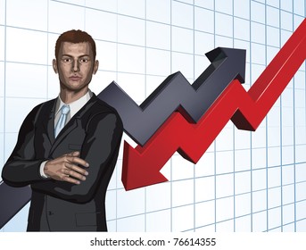 Confident young businessman in front of abstract arrow graph background concept