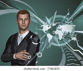 Confident young businessman in front of abstract world map background concept