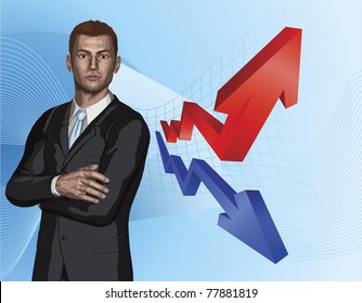 Confident young businessman in front of abstract arrow graph background concept