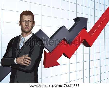 Confident young businessman in front of abstract arrow graph background concept