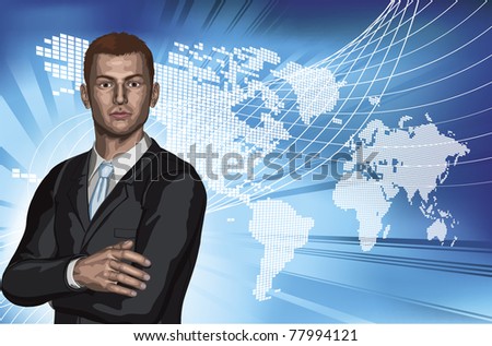 Confident young businessman in front of abstract world map background concept
