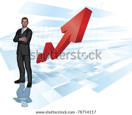 Confident young businessman in front of abstract arrow graph background concept