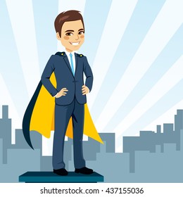 Confident Young Businessman Hands On Hips With Cape Hidden Secret Identity As Super Hero