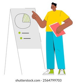 Confident young businessman presenting pie chart. Casual professional analysis at work. Meeting presentation, strategic planning concept. Vector illustration.