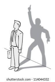 confident young businessman standing with suitcase with dancing shadow concept