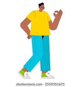 Confident young businessman walking and gesturing success with a hand sign. Dynamic entrepreneur character in casual attire. Vector illustration.